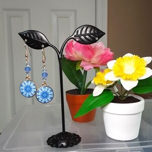 Handmade Mandala Earrings Blue White 2 1/4" Long